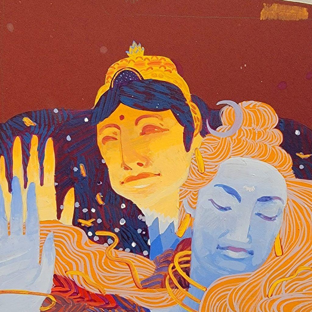 Painting sketch for the "Ganesha, Shiva, and Hanuman." The sketch shows two heads, one in front of the other, looking in opposite directions. The back head is looking up to the sky, it has yellow skin and blue hair, wearing a golden crown and earrings. The front head is looking down to the floor, it has blue skin and orange hair tied on a semi bun with a silver moon pin, and it's wearing golden earrings.
