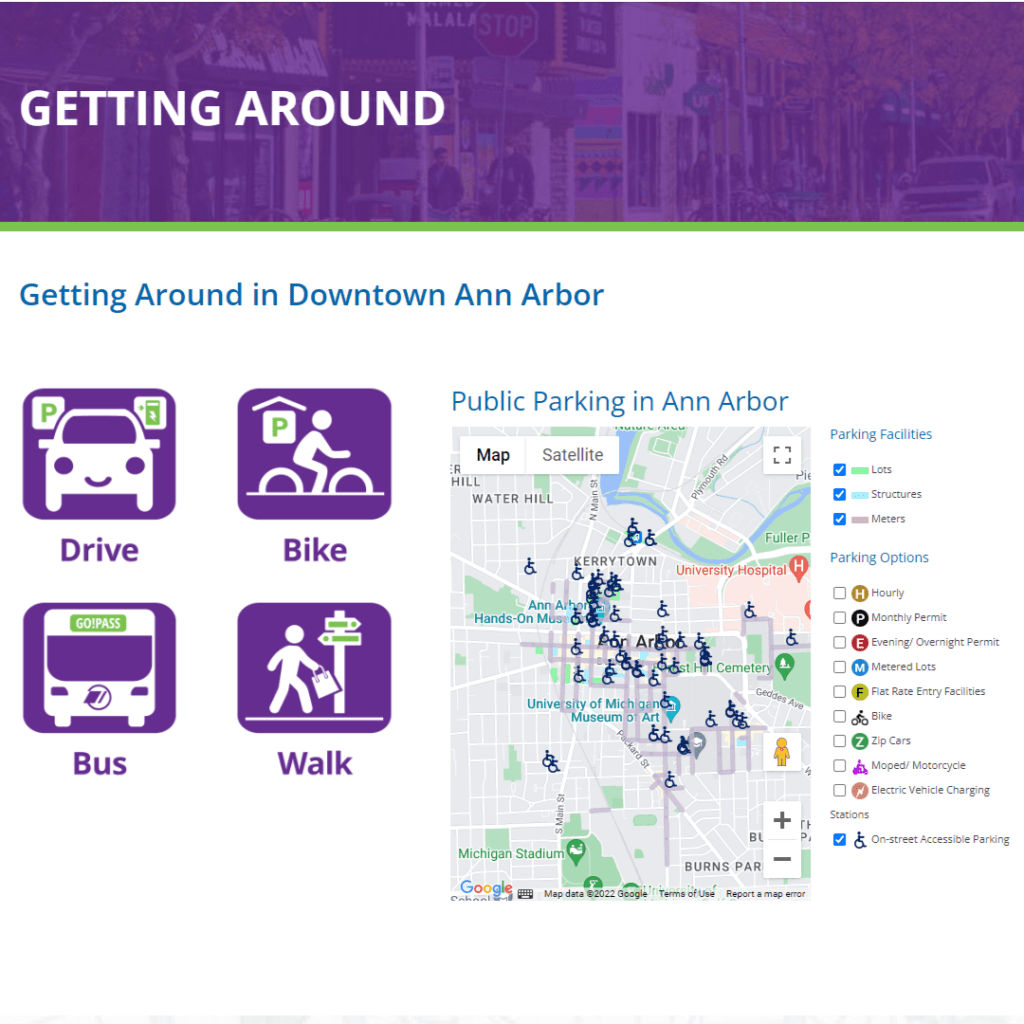 DDA's Getting Around in Downtown Ann Arbor page showing accessible parking.